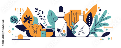 Eco-friendly skincare products with natural ingredients and botanical elements in modern design.