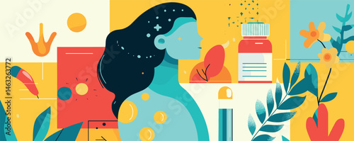 Colorful abstract illustration of woman surrounded by nature and healthcare elements.