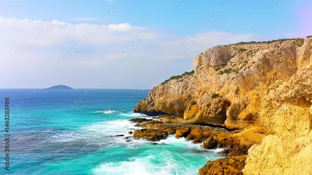 Turquoise Water and Rugged Cliffs Seascape with Distant Island View and Waves Crashing on Shore Perfect for Travel Promotions Turquoise Water and Rugged Cliffs Seascape with Distant Island View and Waves Crashing on Shore Perfect for Travel Promotions