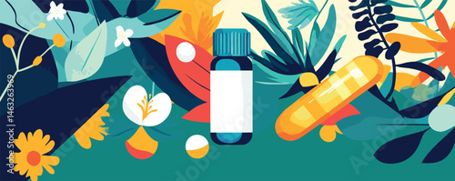 Colorful natural medicine concept with essential oil and capsule amidst floral elements.