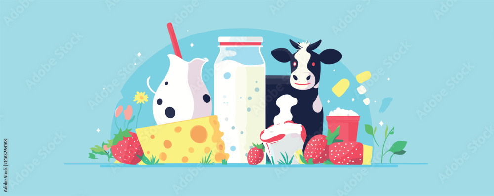 Fototapeta premium Cheerful dairy arrangement: milk, cheese, cream, and cow with strawberries and flowers.