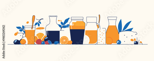 Colorful beverage array with juices, teas, and fruits in elegant glassware.