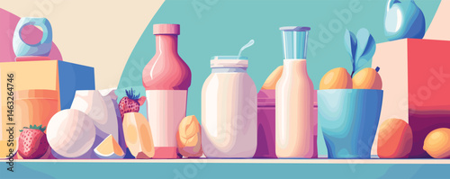 Colorful still life of fresh fruits and bottles on pastel background.