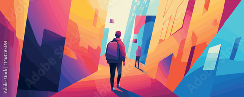 Colorful abstract urban scene with two people walking in a vibrant cityscape.