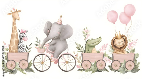 Adorable Safari Animals on a Pink Wagon Train with Balloons and Flowers