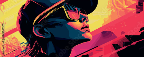 Colorful abstract portrait of a woman in sunglasses with bold geometric patterns.