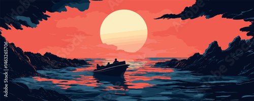 Silhouette of boat with three people at sunset on sea with rocky coastal view.