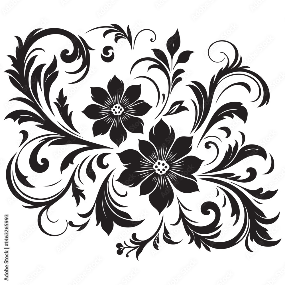 Black Rose Floral Vector Design with Ornamental Swirls and Leaves – Elegant Decorative Flower Illustration for Tattoos, Invitations, and Digital Art