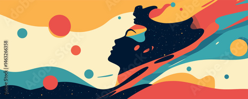 Abstract galactic woman silhouette in vivid cosmic flow of colors and geometric patterns.