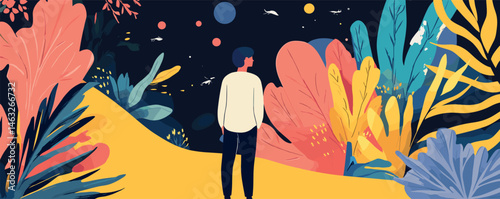 Young man admiring colorful abstract garden under starry night sky with leaves and planet shapes.