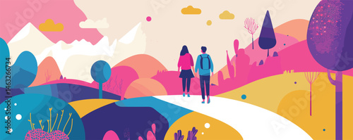 Colorful landscape with two people walking in vibrant scenic nature with mountains and trees.
