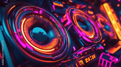 Vibrant close-up of illuminated speakers with neon colors