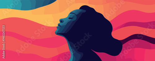 Silhouette of woman in colorful abstract waves on vibrant background.