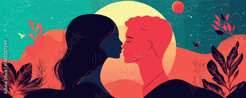 Abstract silhouette couple at sunset: vibrant colors, nature, romance, dreamlike setting.