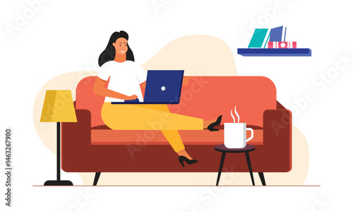 Freelancer woman office worker character working at home. Freelance work concept
