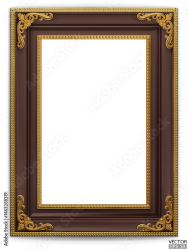 Realistic dark brown wooden vintage frame isolated on white background.  Rectangle frames mockup. Classic Photo wooden frame. Brown border for painting, poster, photo gallery. 3d vector illustration.