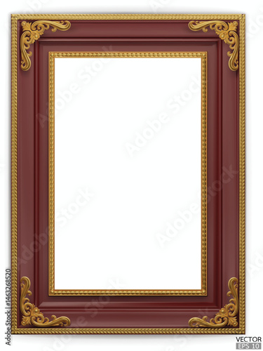 Realistic red wooden vintage frame on white background.  Rectangle frames mockup. Classic Photo wood frame. Red border for painting, poster, and photo gallery. 3d vector illustration.