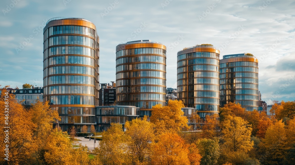 Obraz premium Autumn cityscape: Modern architecture harmonizing with golden autumn foliage