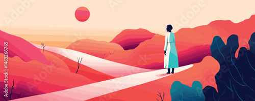 Serene landscape with woman walking at sunset on vibrant hillside pathway.
