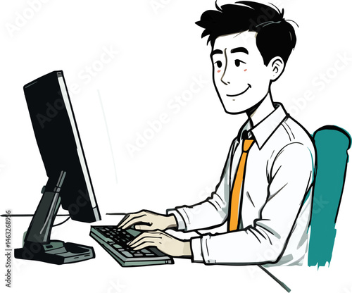Vector cartoon stick figure drawing conceptual illustration of smiling writer, man or businessman typing or working on computer