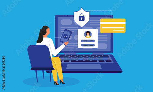 Woman using two steps verification to protect personal data concept