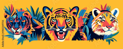 Colorful illustration of three roaring tigers amidst jungle foliage on a vibrant yellow background.