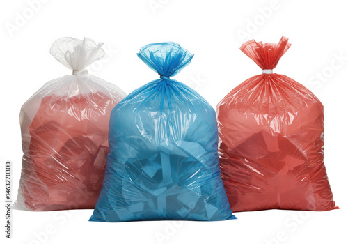 Three tied plastic bags filled with paper isolated on transparent background