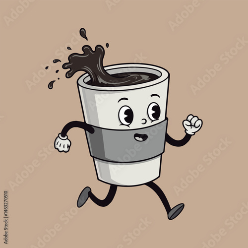 Cartoon Coffee Cup Running Fast with Spilled Liquid. Retro Style Running Coffee Cup with Dynamic Splash.
