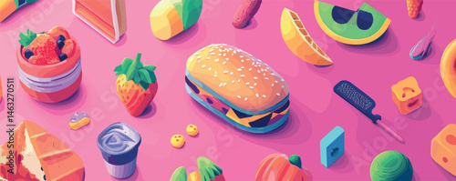 Colorful assortment of various foods on pink background - burger, fruits, and desserts.