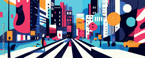 Colorful abstract city street with geometric shapes and pedestrians in motion.