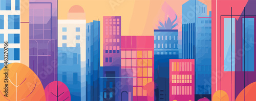 Colorful urban skyline at sunset with modern abstract buildings and autumn trees.