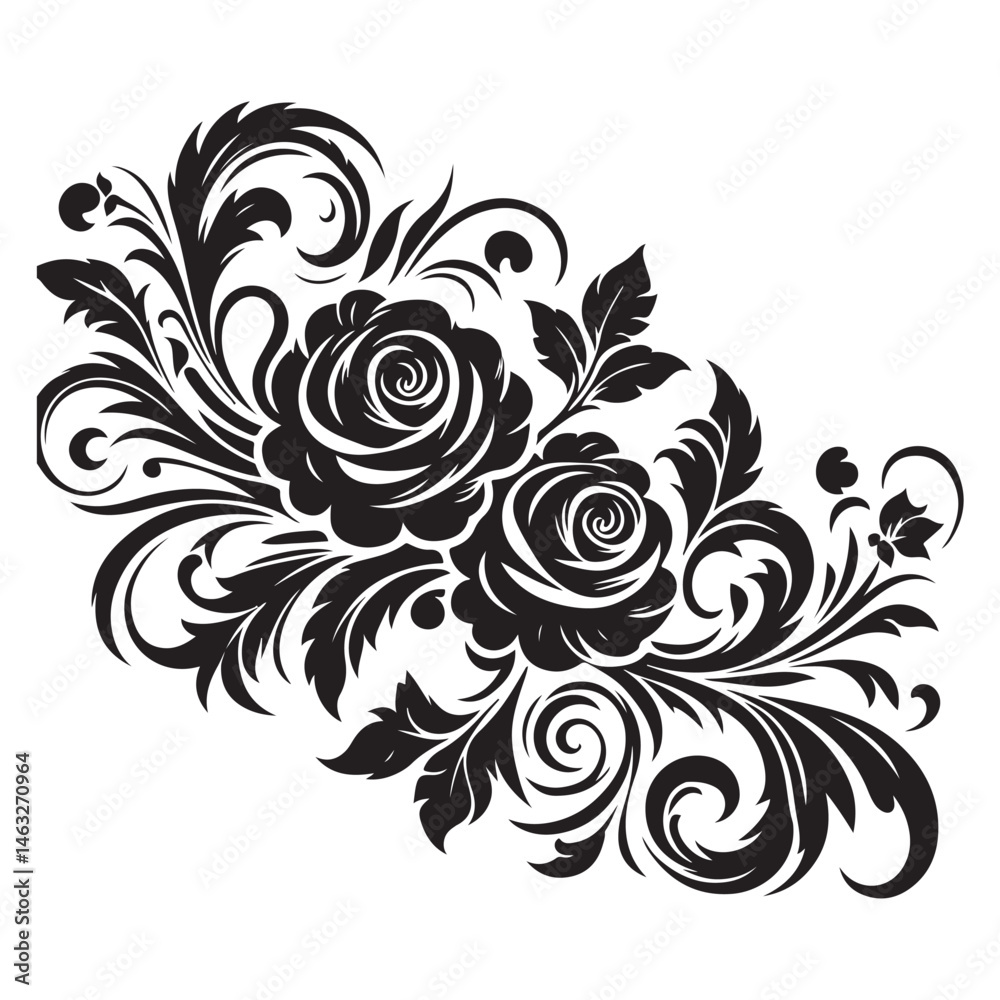 Black Rose Floral Vector Design with Ornamental Swirls and Leaves – Elegant Decorative Flower Illustration for Tattoos, Invitations, and Digital Art Black Rose Floral Vector Design with Ornamental Swirls and Leaves – Elegant Decorative Flower Illustration for Tattoos, Invitations, and Digital Art