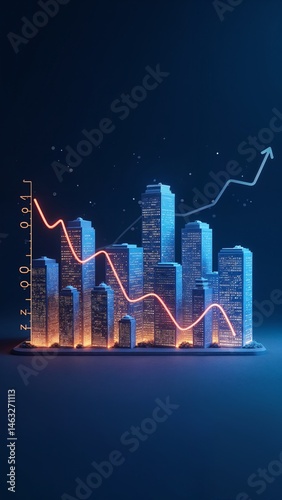 An illustration of a city with a line going up and down.