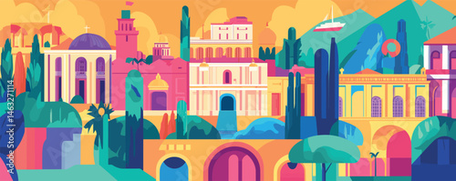 Colorful abstract cityscape with historical buildings and lush vegetation.