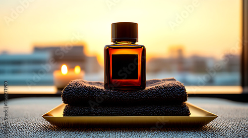 Amber Glass Perfume Bottle on Gold Tray at Sunset photo