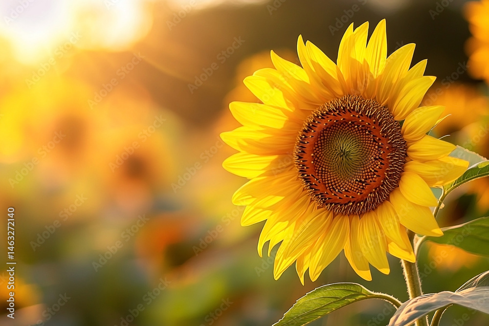 Fototapeta premium Radiant sunflower bloom illuminated by the golden warmth of setting sun