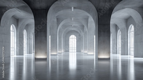Minimalist concrete hall with towering columns and arched windows, embodying serene symmetry and modern elegance.
