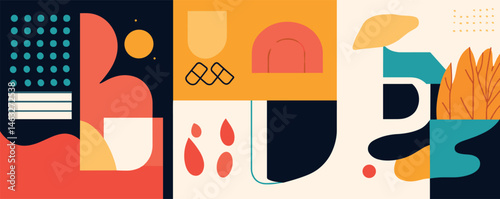 Colorful abstract geometric shapes and patterns with bold colors and dynamic composition.
