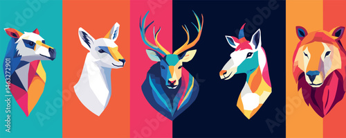 Colorful geometric portraits of various animals in vibrant abstract art style.