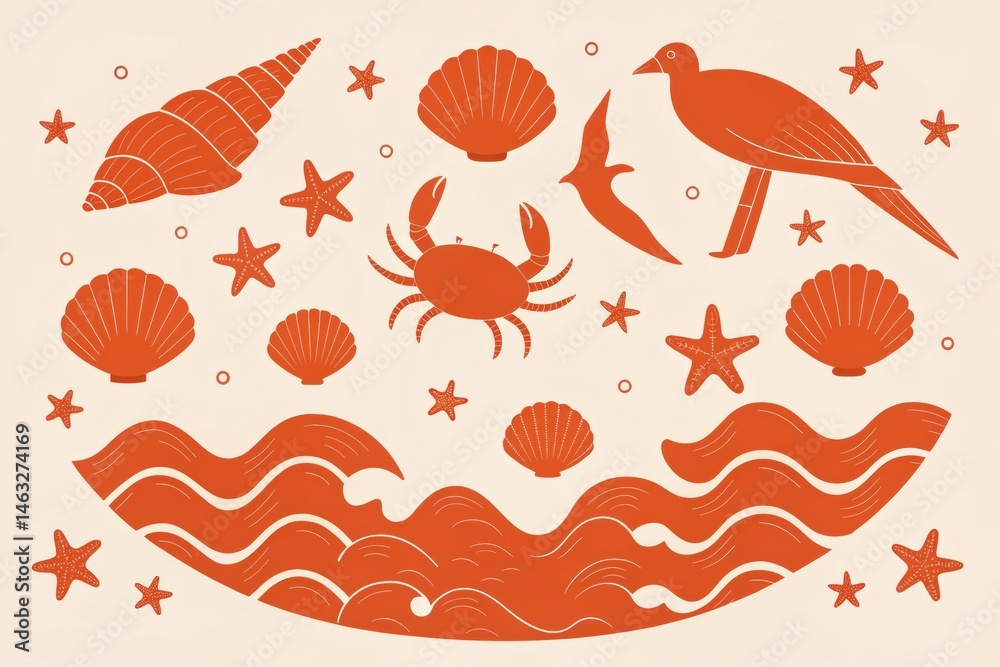 Obraz premium Artistic illustration featuring marine life, including a crab, bird, shells, and waves, all in a warm color palette.