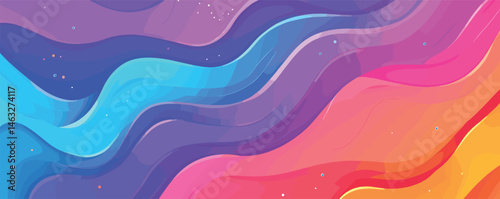 Vibrant abstract waves in pink, blue, and orange with dynamic curves and gradient shades.
