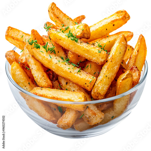 Golden french fries seasoned with herbs, served in a clear glass bowl on a transparent background. Crispy, golden brown potatoes, seasoned with herbs