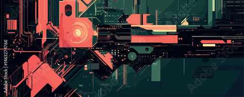 Abstract futuristic circuitry art with red and green geometric patterns.