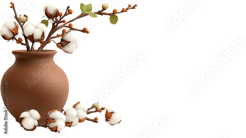Brown clay vase with cotton plant branches and fluffy cotton bolls, isolated on transparent background. Simple, elegant still life. 