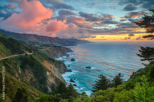 Scenic Coastal Sunset Over Big Sur Cliffs and Pacific Ocean Landscape