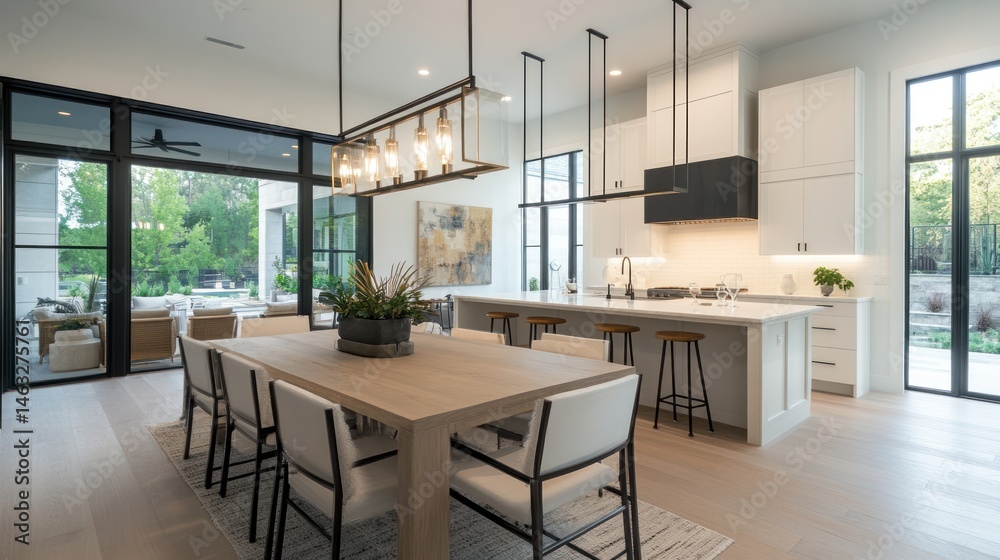 Serene open-concept living space blending interior elegance with outdoor allure Serene open-concept living space blending interior elegance with outdoor allure