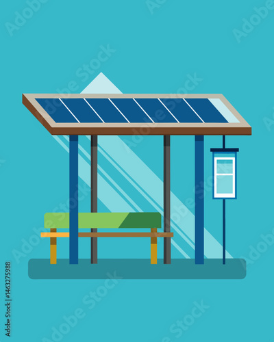 As the sun shone brightly above the solarpowered bus stop shelter provided a reprieve from the heat while also charging devices.. Vector illustration