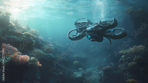 Wallpaper Mural Underwater drone delivery: a futuristic vision of logistics. [Submerged Futures] | Deepline Symmetry | precise coral. Illustration Torontodigital.ca