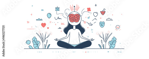 Meditating woman with abstract brain illustrations in a peaceful outdoor setting.