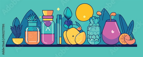 Colorful still life of fruits and juices with abstract geometric elements on turquoise background.